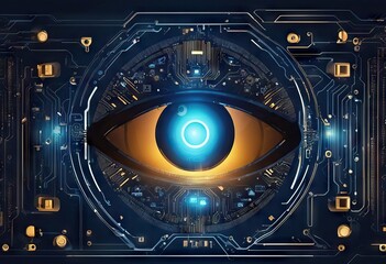 Vector illustration design digital eyeball and line on circuit board High tech computer science technology Abstract futuristic communication concept Dark blue color background stock