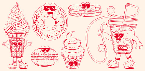 Set of Posters with trendy retro cartoon characters of sweet fast food in linear style without shading. Modern cartoon style. Mascots for bar, restaurant menu. Vector illustration.