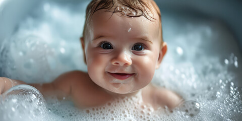 Baby smile and bath in a bubble bath with soapy bubbles. Joyful bathing kid, daily routine, washing baby.