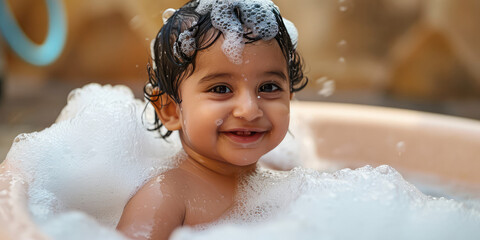 Indian Baby smile and bath in a bubble bath with soapy bubbles. Joyful bathing kid, daily routine, washing baby.