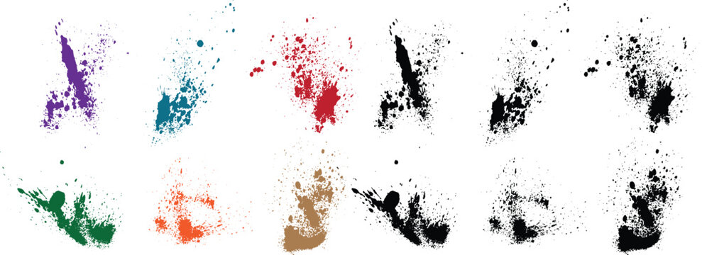 Vector realistic bloody splatter wheat, orange, red, black, green, purple color isolated brush stroke background set