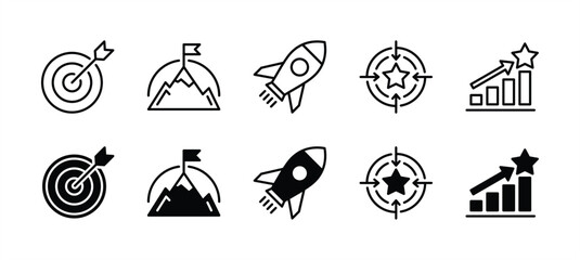 Mission icon set. Contains goal, objective, target arrow, success, rocket, achievement, mountain summit, and aim arrow. Vector illustration