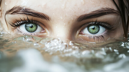 Female green eyes peering out of the clear water. Creative concept of moisturizing eye drops, cosmetics with moisturizing effect, artesian water. - obrazy, fototapety, plakaty