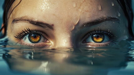 Female brown eyes peering out of the clear water. Creative concept of moisturizing eye drops, cosmetics with moisturizing effect, artesian water. - obrazy, fototapety, plakaty