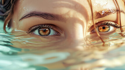 Female brown eyes peering out of the clear water. Creative concept of moisturizing eye drops, cosmetics with moisturizing effect, artesian water.
