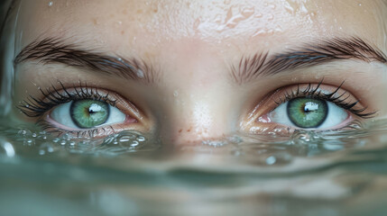 Female green eyes peering out of the clear water. Creative concept of moisturizing eye drops, cosmetics with moisturizing effect, artesian water.