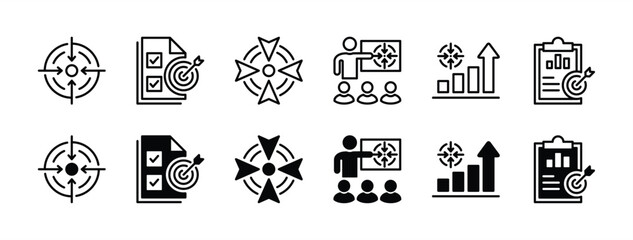 Objective thin line icon set. Containing strategy, analysis, planning, aim target, schedule, tasks, and goal icon symbol. Vector illustration