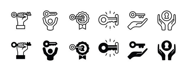 Key to success icon set. Hands holding key. Key to success in business. Vector illustration