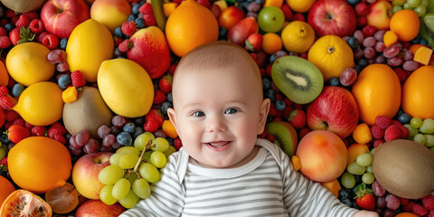 Fototapeta na wymiar Top view of a smiling baby with blue eyes lying in a pile of fresh different fruits. Creative concept of the benefits of fresh fruits for children's health, proper nutrition.