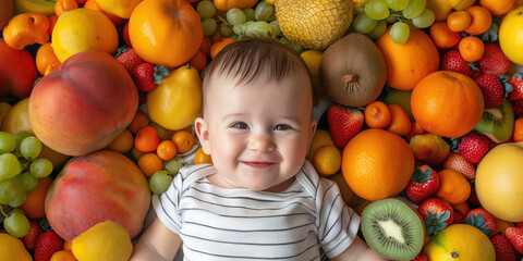 Fototapeta na wymiar Top view of a smiling baby lying in a pile of fresh different fruits. Creative concept of the benefits of fresh fruits for children's health, proper nutrition.