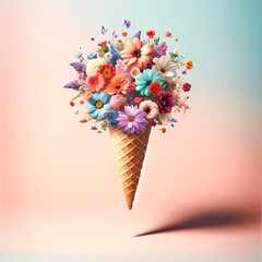 Colorful flowers in ice cream cone levitate in the air against pastel background. Creative flowers design. Spring, summer idea. Valentine's day, suprise, gift.