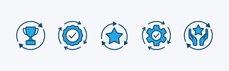 Circle arrows rotating with trophy, star, badge medal, and gear settings. Containing business process, refresh, reload, and recycle for achievement. Vector illustration