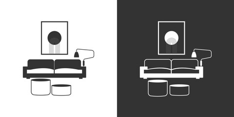 Living room furniture icon on black and white background. Vector interior icon