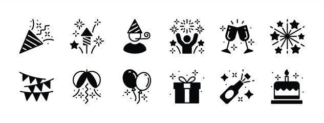 Naklejka premium Celebration icon set. Containing confetti, fireworks, star, people, gift box, festive flag, balloon, cheer glass, and beer bottle for happy new year, christmas, party, birthday. Vector illustration