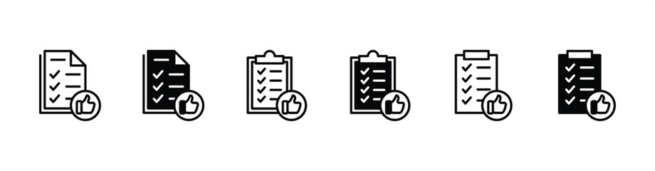 Task document icon set with checklist or check mark symbol. Business management clipboard with approval or thumb up symbol. Vector illustration