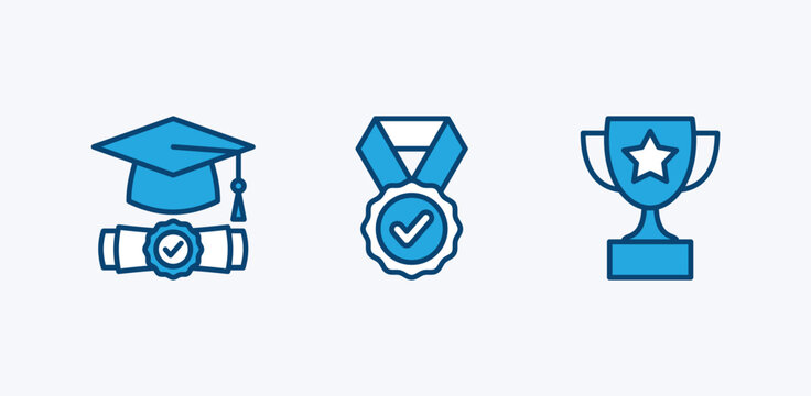 Graduation hat icon set. Graduation or mortarboard cap icon. Academic or student cap and diploma with certificate, trophy, and badge medal. Vector illustration