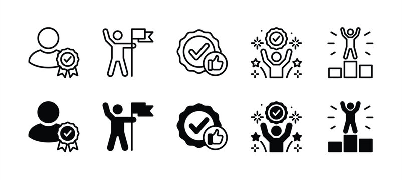 Successful business thin line icon set. Achievement success icon. Goal, winner, victory, championship, celebration, badge medal. Vector illustration