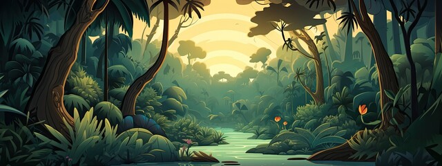 rainforest landscape in simple cartoon style.