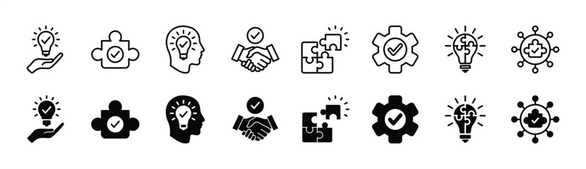 Business solution icon set. Innovation, Inspiration, and creative idea icon symbol. Containing lightbulb, puzzle, handshake, and gear with check mark. Vector illustration - obrazy, fototapety, plakaty