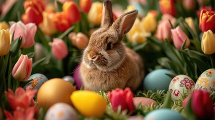 Fototapeta na wymiar A captivating arrangement of tulips in dazzling, uncommon colors and types, encircled by a variety of charming Easter eggs, with an adorable, fluffy bunny sitting amidst the vibrant floral display