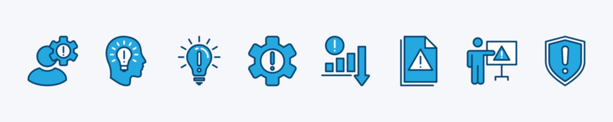 Problem-solving icons. Exclamation mark with bulb, settings, document, data, privacy, and security shield. Warning, risk, attention, and notice caution. Vector illustration