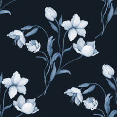 Seamless pattern with bouquets of wild flowers in indigo tones