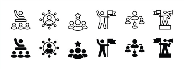 Leadership icon set. Human organization leader structure hierarchy. Mentorship, coaching, charisma, head, lead, chairman, manager. Vector illustration