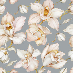 Seamless pattern with orchids in watercolor style - 705015680