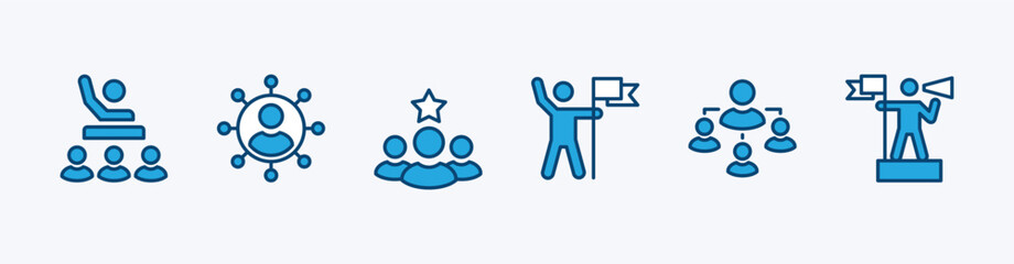 Leadership icon set. Human organization leader teamwork structure hierarchy. Mentorship, coaching, charisma, head, lead, chairman, manager. Vector illustration