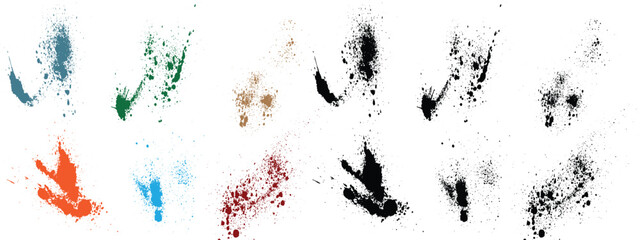 Watercolor ink purple, wheat, black, red, green, orange color blood splatter isolated brush stroke vector set