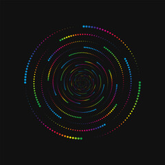 Halftone point vortex on dark. Abstract futuristic digital technology logo element. Vector geometric shape.
