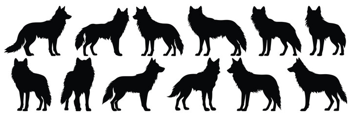 Wolf silhouettes set, large pack of vector silhouette design, isolated white background