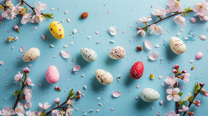 Fototapeta na wymiar Happy Easter! Colorful Easter chocolate eggs with cherry blossoms flat lay. Generative AI