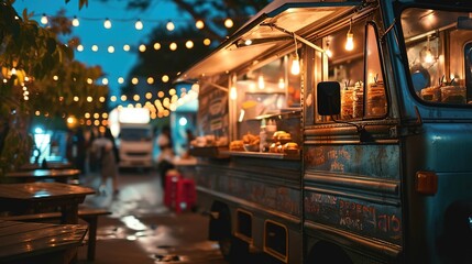 Shiny food truck at the city festival. Created with Generative Ai technology.