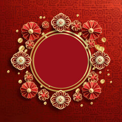 Chinese New Year Decoration on Red Background with Copy Space, Embracing the Spring Festival Spirit