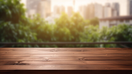 wooden table top on blurred background of half curtain with plants