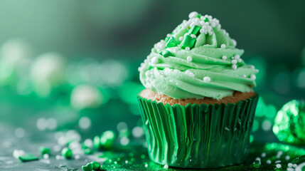 St. Patrick's Day homemade cupcakes with green whipped cream and chocolate sprinkles. Generative AI