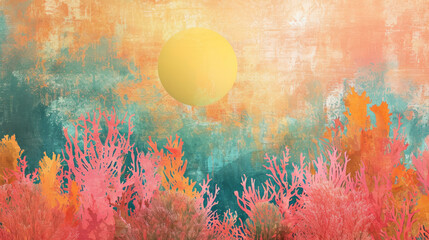 Stylized representation of coral reefs with a sun-like shape, using textured brushstrokes in vibrant colors on a faded background
