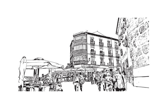 segovia city in spain. Hand drawn sketch illustration in vector.