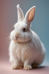 Close-up of a white fluffy Easter bunny on a pastel background.