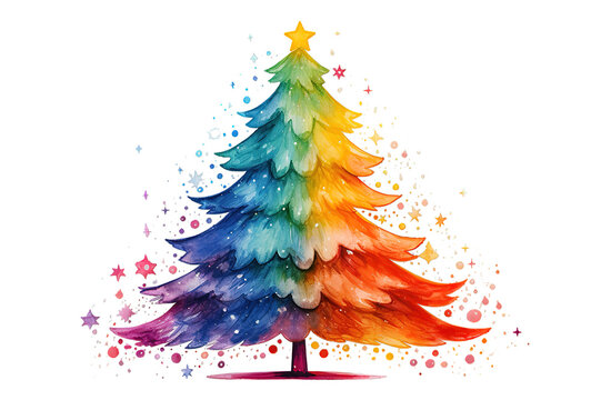 Watercolor painting of a christmas tree isolated on PNG Background. Generative Ai.