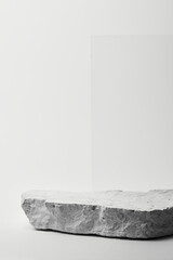 Flat stone pedestal, white template, banner background. Minimalism concept, empty podium display product, presentation scene.