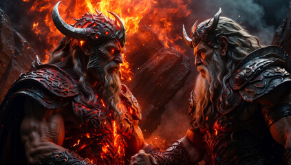 Surtr the fearsome strong giant lord of fire faceoff with Odin the allfather - obrazy, fototapety, plakaty