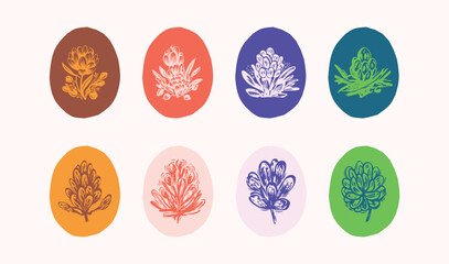 Linocut plant sprig in colorful frame vector motif set. Folkart collection of rural rustic floral in shabby chic scandi style. Clipart collection for graphic quirky leaf illustration. 