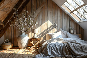 Fototapeta na wymiar Bedroom interior decoration with Scandinavian-style, warm and cozy tone, Hygge vibe, Hygge tone and minimal modern decor design.