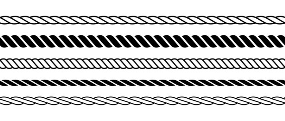 Set of repeating rope pattern. Seamless hemp cord line collection. Chain, braid, plait stripes bundle. Horizontal decorative plait motif. Vector marine twine design elements for banner, poster, frame - obrazy, fototapety, plakaty