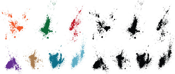 Set of bloodstain grunge texture purple, wheat, black, red, green, orange color blood splash ink vector brush stroke