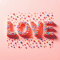 Colorful candies forming word LOVE on pastel pink background. Love design. Natural minimal concept. Creative spring idea. Flat lay. Valentines idea. Candy shop.