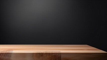 perspective view of wood or wooden table top corner in black background