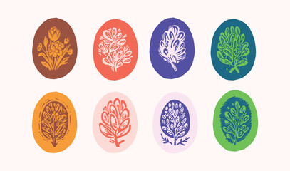 Linocut plant sprig in colorful frame vector motif set. Folkart collection of rural rustic floral in shabby chic scandi style. Clipart collection for graphic quirky leaf illustration. 